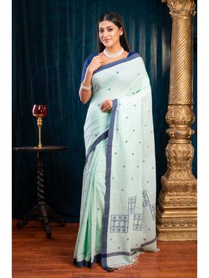 Sea green  handloom cotton saree with blue polka dots and border 1