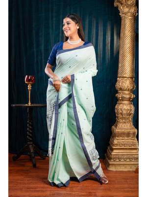 Sea green  handloom cotton saree with blue polka dots and border 2