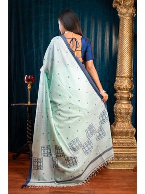 Sea green  handloom cotton saree with blue polka dots and border 3