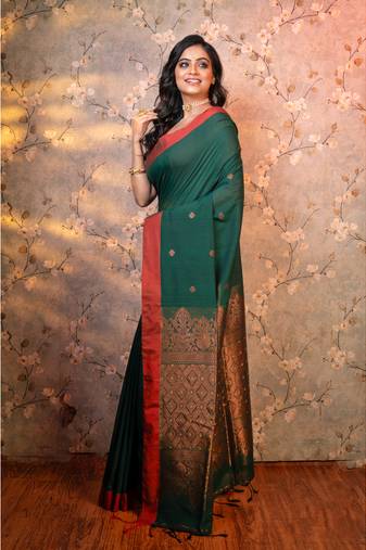 Bottle green pure handloom cotton saree copper woven motifs and border with running blouse piece
