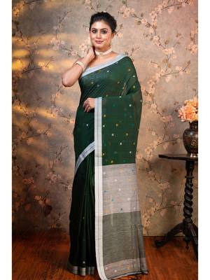 Bottle green pure handloom cotton saree multicolor booti with running blouse piece 1