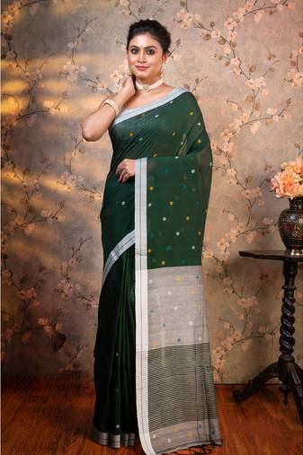 Bottle green pure handloom cotton saree multicolor booti with running blouse piece