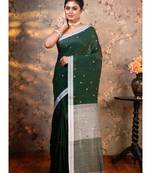Bottle green pure handloom cotton saree multicolor booti with running blouse piece