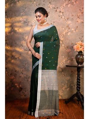 Bottle green pure handloom cotton saree multicolor booti with running blouse piece 2