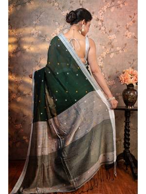 Bottle green pure handloom cotton saree multicolor booti with running blouse piece 3
