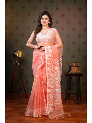 Coral  muslin saree offwhite woven motifs with running blouse piece 1