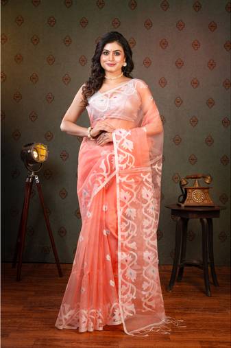 Coral pure muslin saree offwhite woven motifs with running blouse piece