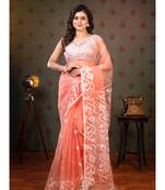 Coral pure muslin saree offwhite woven motifs with running blouse piece