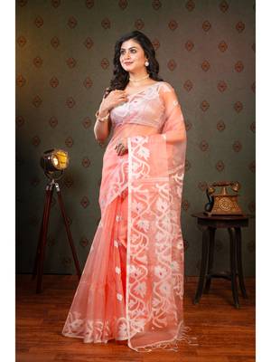 Coral  muslin saree offwhite woven motifs with running blouse piece 2