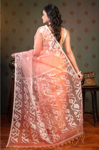 Coral  muslin saree offwhite woven motifs with running blouse piece
