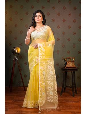 Light yellow  muslin saree offwhite woven motifs with running blouse piece 1