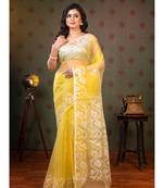Light yellow pure muslin saree offwhite woven motifs with running blouse piece