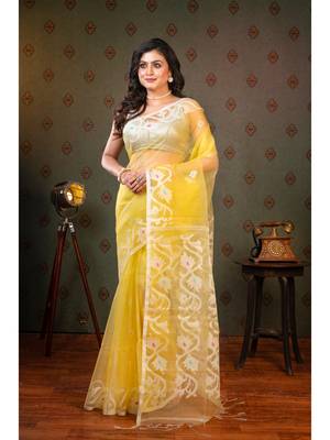 Light yellow  muslin saree offwhite woven motifs with running blouse piece 2