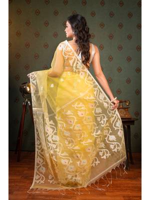 Light yellow  muslin saree offwhite woven motifs with running blouse piece 3