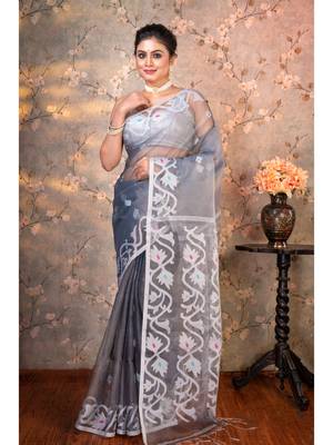 Grey  muslin saree offwhite woven motifs with running blouse piece 1