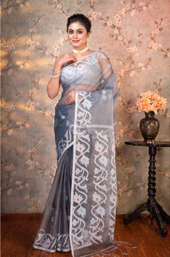 Grey pure muslin saree offwhite woven motifs with running blouse piece