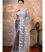 Grey pure muslin saree offwhite woven motifs with running blouse piece