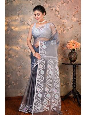 Grey  muslin saree offwhite woven motifs with running blouse piece 2