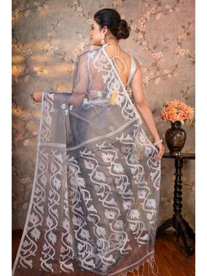 Grey  muslin saree offwhite woven motifs with running blouse piece 3
