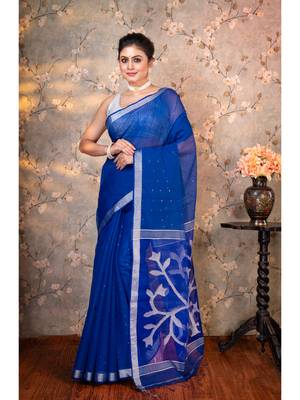 Blue  matka muslin saree silver floral motifs with running blouse piece 1
