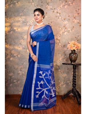 Blue  matka muslin saree silver floral motifs with running blouse piece 2