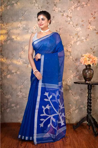 Blue  matka muslin saree silver floral motifs with running blouse piece