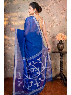 Blue  matka muslin saree silver floral motifs with running blouse piece 3