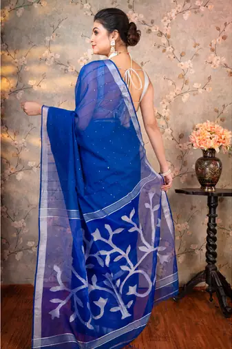Blue  matka muslin saree silver floral motifs with running blouse piece