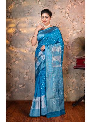 Cerulean blue soft silk saree silver jaquard border and pallu with running blouse piece 1