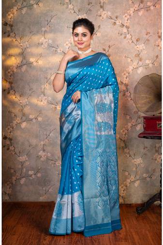 Cerulean blue soft silk saree silver jaquard border and pallu with running blouse piece