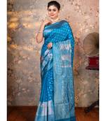Cerulean blue soft silk saree silver jaquard border and pallu with running blouse piece