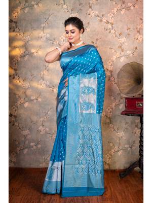 Cerulean blue soft silk saree silver jaquard border and pallu with running blouse piece 2