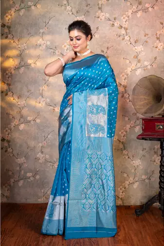 Cerulean blue soft silk saree silver jaquard border and pallu with running blouse piece