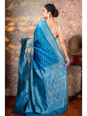 Cerulean blue soft silk saree silver jaquard border and pallu with running blouse piece 3