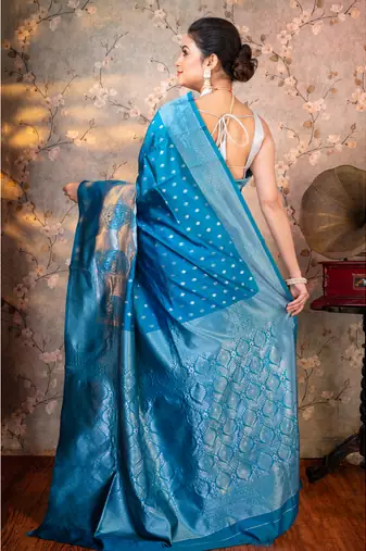 Cerulean blue soft silk saree silver jaquard border and pallu with running blouse piece