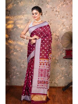 Magenta banarasi soft silk saree silver jaquard border with running blouse piece 2