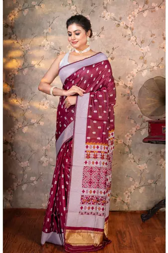 Magenta banarasi soft silk saree silver jaquard border with running blouse piece