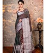 Grey dual tone  banarasi silk saree contrasting border and pallu with running blouse piece