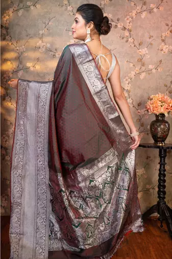 Grey dual tone  banarasi silk saree contrasting border and pallu with running blouse piece