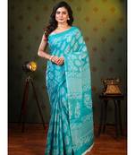 Green pure bagru malmal cotton saree tree motifs with running blouse piece