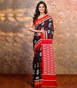 Black pure bagru malmal cotton saree with multicolor floral motifs with running blouse piece