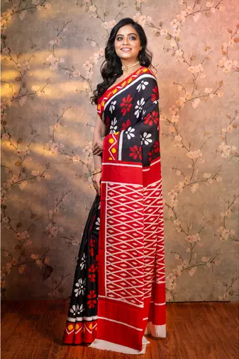 Black  bagru malmal cotton saree with multicolor floral motifs with running blouse piece