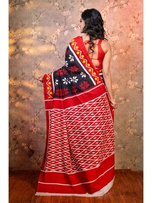 Black  bagru malmal cotton saree with multicolor floral motifs with running blouse piece 3