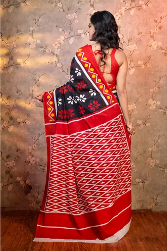 Black  bagru malmal cotton saree with multicolor floral motifs with running blouse piece