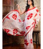 Offwhite pure bagru malmal cotton saree red flower print with running blouse piece
