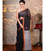 Black pure handloom linen multicolor birds woven motifs saree With running blouse piece
