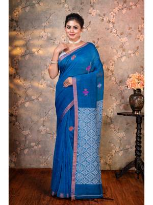 Blue  handloom linen multicolor birds woven motifs saree with running blouse piece 1