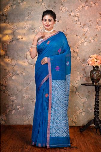 Blue pure handloom linen multicolor birds woven motifs saree with running blouse piece
