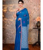 Blue pure handloom linen multicolor birds woven motifs saree with running blouse piece