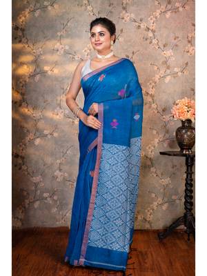 Blue  handloom linen multicolor birds woven motifs saree with running blouse piece 2